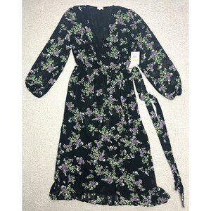 Q + A Los Angeles Maxi Dress Black Floral Ruffle Deep V